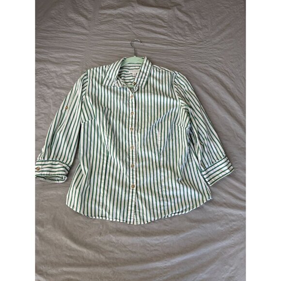 Charter Club Womens White Green Blouse 10 collared button up long sleeve cotton - Picture 1 of 6